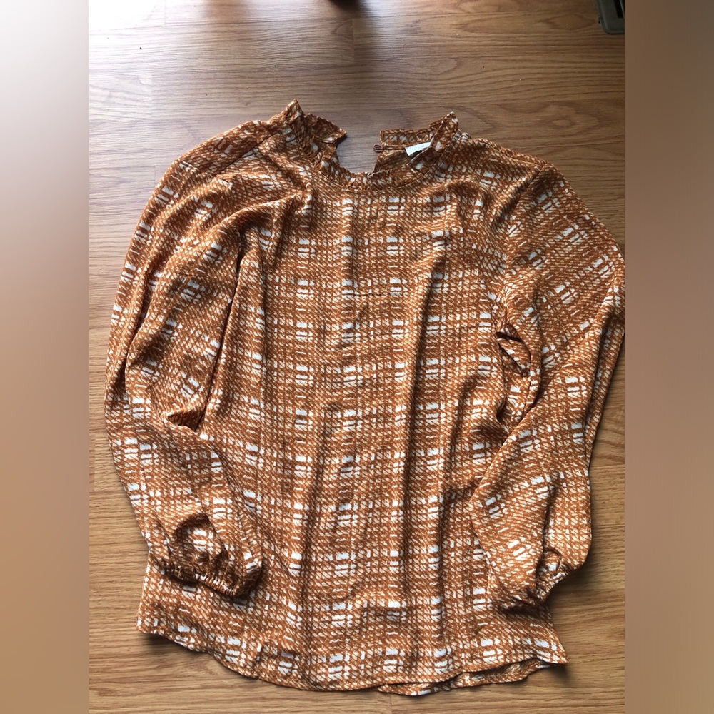 LOFT Orange Plaid Long Sleeve Blouse